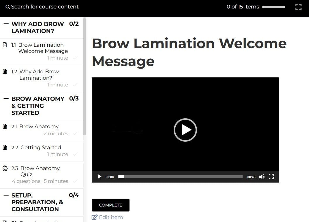 brow lamination online course image screen shot