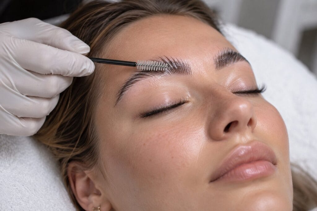 Gloved hand brushing a client's brows upward with a spoolie during a brow lamination