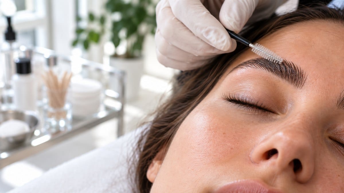 Brow artist brushing a relaxed client's laminated brows with a spoolie in a bright treatment room