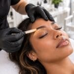Esthetician in black gloves applying warm wax under a client's brow with a wooden spatula