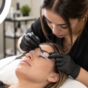 Lash lift student in black gloves combing a client's lashes onto a silicone shield under a ring light
