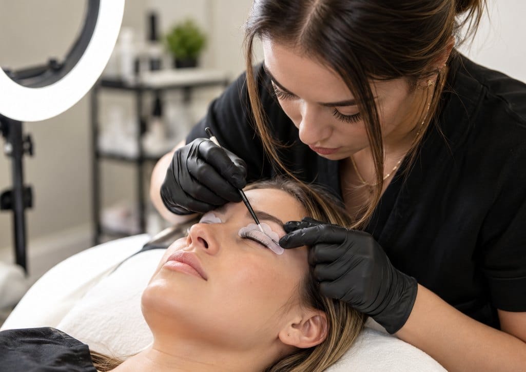 Lash lift student in black gloves combing a client's lashes onto a silicone shield under a ring light