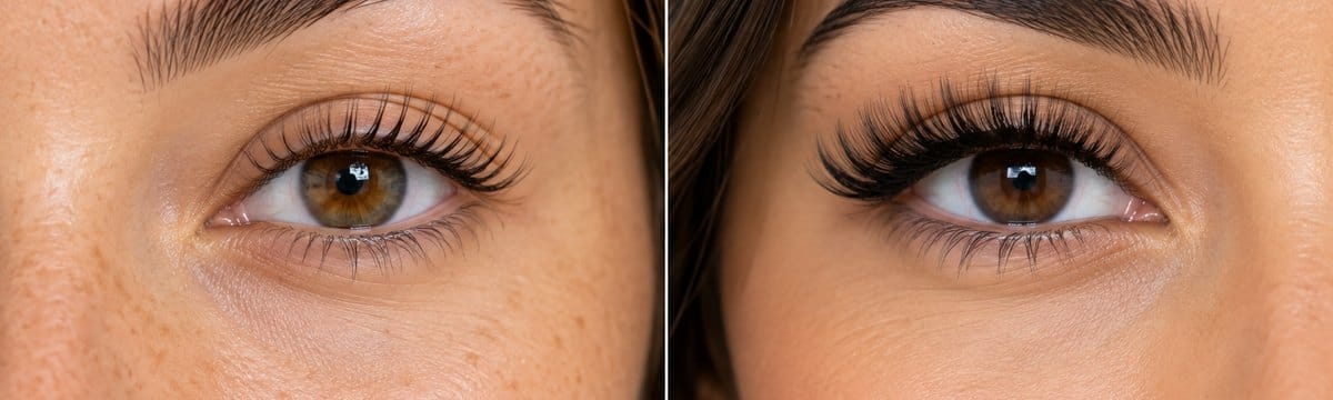 Side-by-side close-up of naturally lifted lashes and long lash extensions