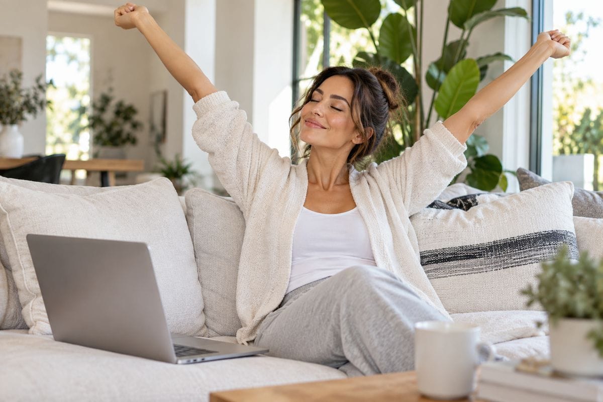 Woman happily stretching on her sofa next to a laptop while taking an online beauty course at home