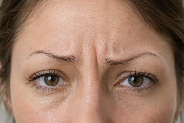 Close-up of a worried woman with thin, uneven, over-plucked eyebrows