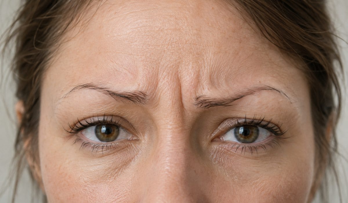 Close-up of a worried woman with thin, uneven, over-plucked eyebrows